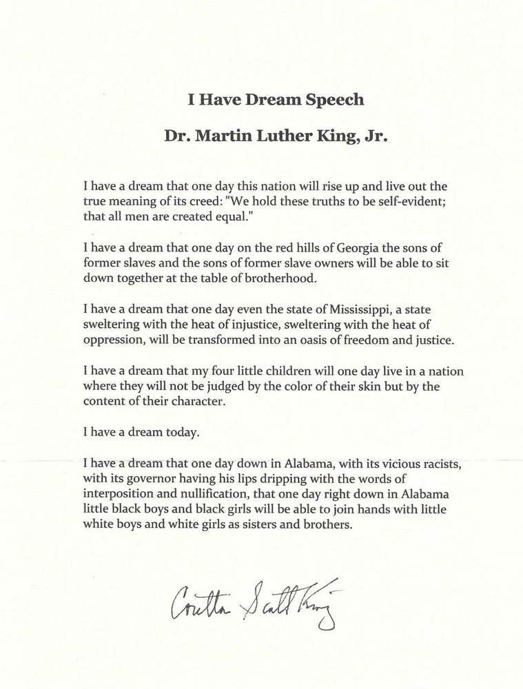 Item #5176 Signed typescript of Dr Martin Luther King's "I have a dream speech" Coretta Scott King.