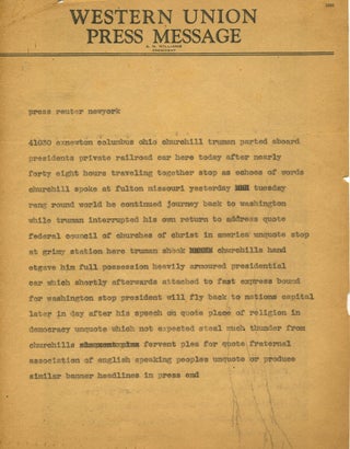Item #6370 Iron Curtain Speech Press Telegrams from Churchill’s Missouri Journey March 1946....