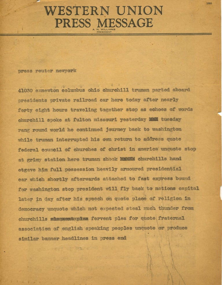 Item #6370 Original WESTERN UNION Telegram on TRUMAN & CHURCHILL. Churchill, Truman.