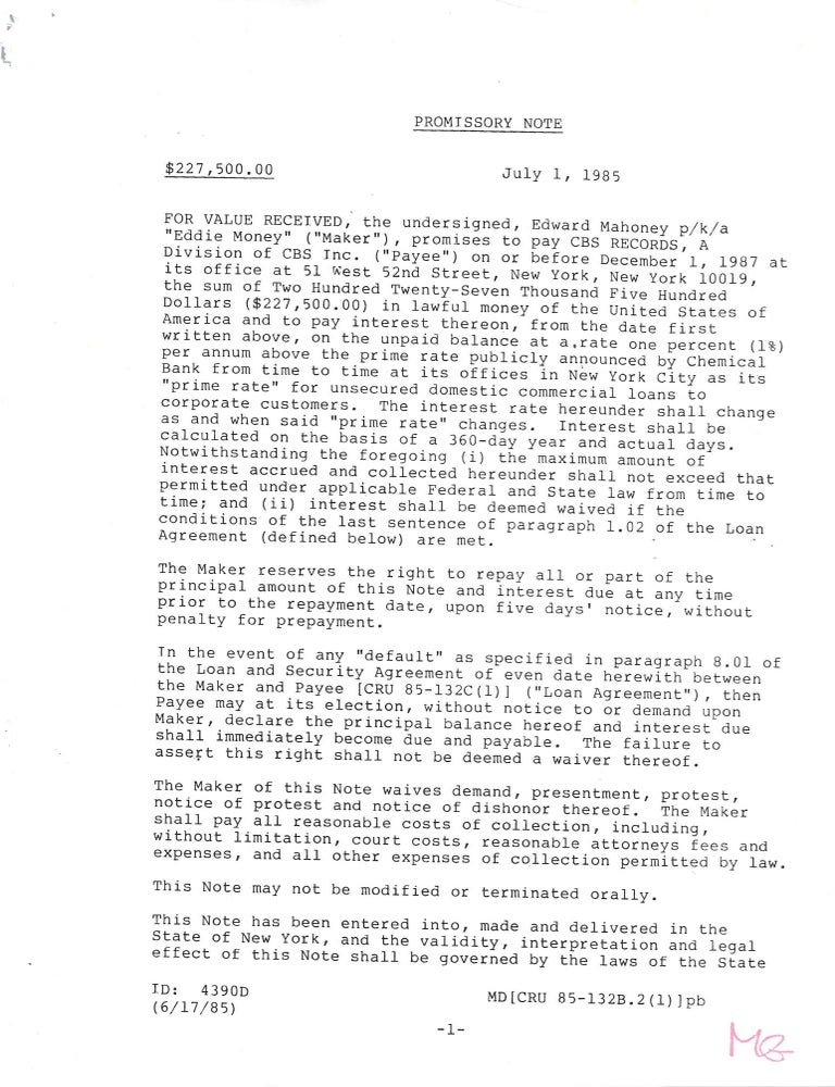 Item #6512 Recording Industry Finance Edward Mahoney Agreement with CBS Records September 1992. Eddie Money.