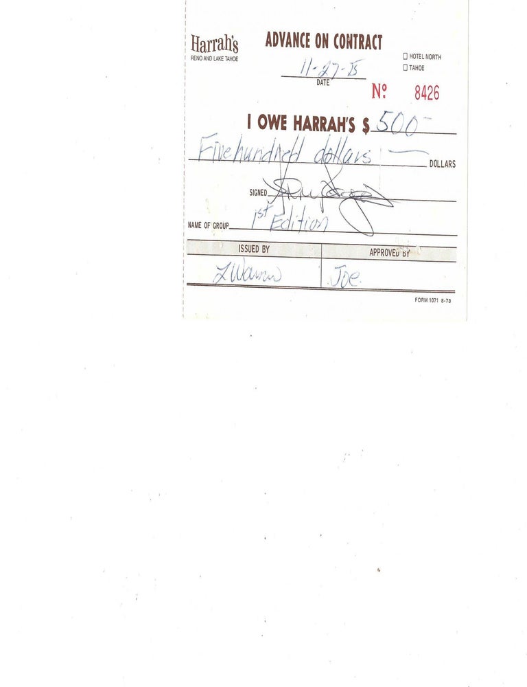 Item #6687 Country Music History Kenny Rogers Signed Harrah&rsquo;s Casino Contract Advance Receipt 1975. Kenny Rogers.