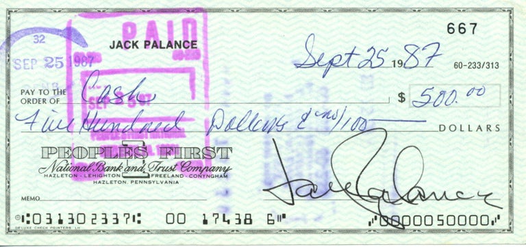 Item #7428 Jack Palance Signed Check. Jack Palance.