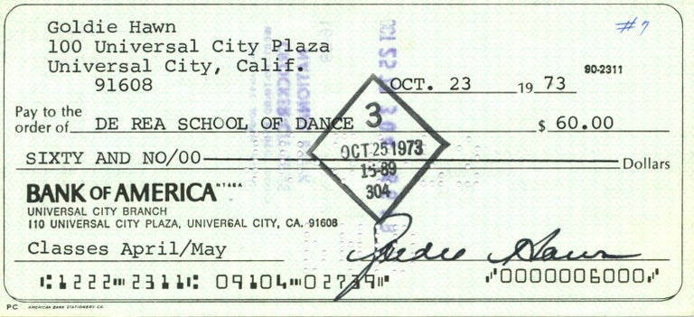 Item #7909 Goldie Hawn Signed Check. Goldie Hawn.