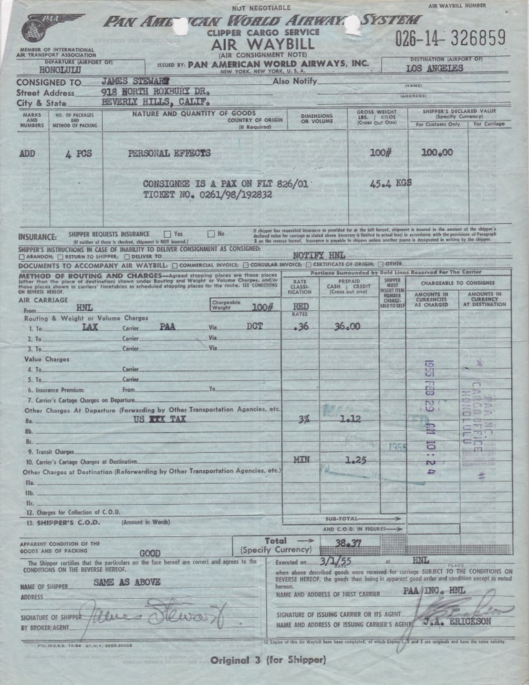 Item #8467 James Stewart Document Signed. Jimmy Stewart.