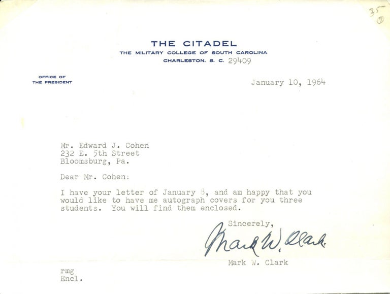 Item #8979 General Mark W. Clark Signed Letter. Mark W. Clark.