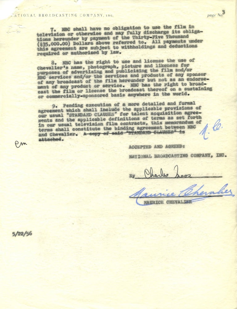 Item #9509 French Cinema History Maurice Chevalier Signed Contract for Maurice Chevalier&rsquo;s Paris, 1956. Maurice Chevalier.