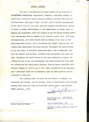 Item #9513 Stanley Kramer Signed Contract. Stanley Kramer