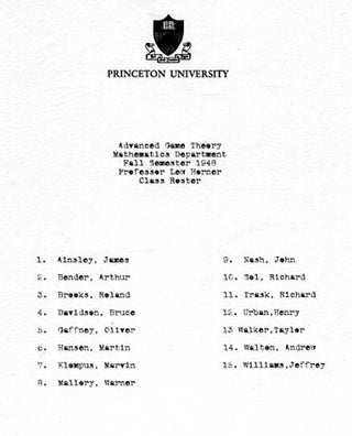 Item #9759 A Beautiful Mind: Princeton University class roster for Advance Game Theory...