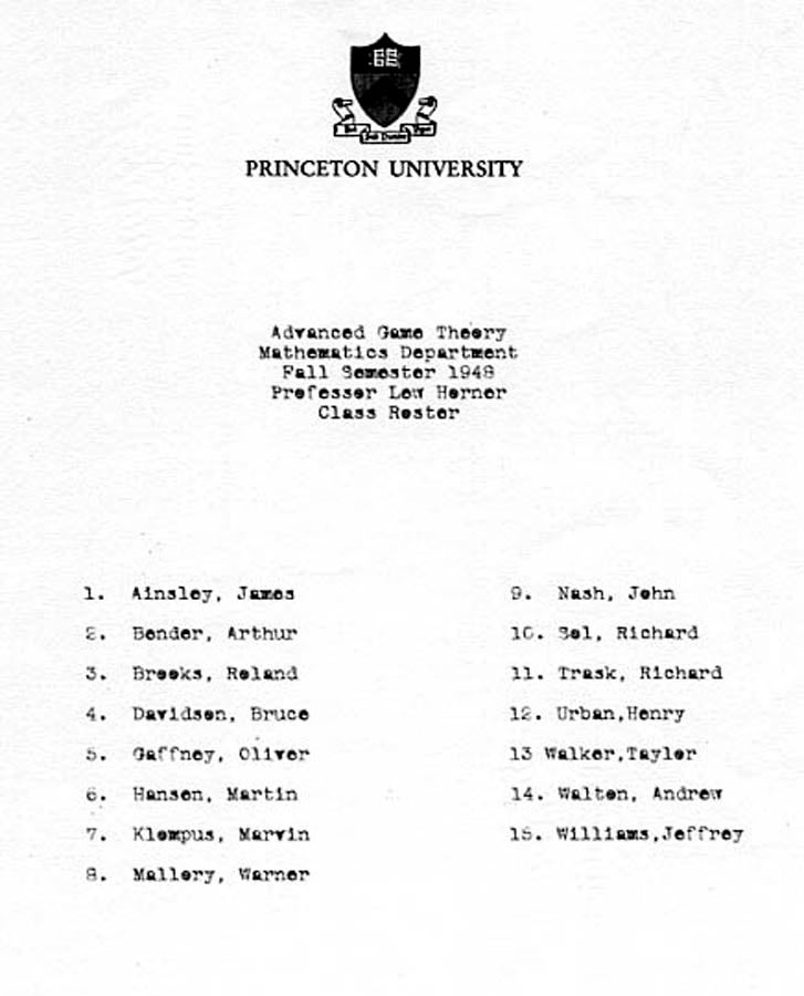 Item #9759 A Beautiful Mind: Princeton University class roster for Advance Game Theory Mathematics Dept., with John Nash's (RUSSELL CROWE) Name. Film Prop A Beautiful Mind.