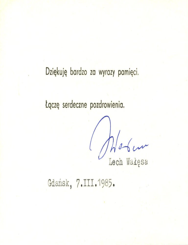 Item #9776 Polish Labor and Human Rights History Lech Wałęsa Signed Note from Banned Solidarity Era 1985. Lech Walesa.