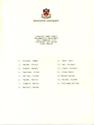 Item #9983 Princeton University Class Roster for Advance Game Theory Mathematics Dept., with John...
